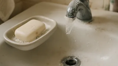 Bir banyonun lavabosunda, sabun köpüğünün uzun süre sönmeden kalmasını çağrıştıran, musluk çevresine ve gider kısmına tutunan doğal ve gerçekçi köpük kabarcıklarının göründüğü anlık bir yakın çekim fotoğrafı.